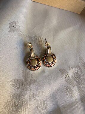 Vintage Gold & Bronze-Tone Floral/Sun Engraved Design Drop Earrings
